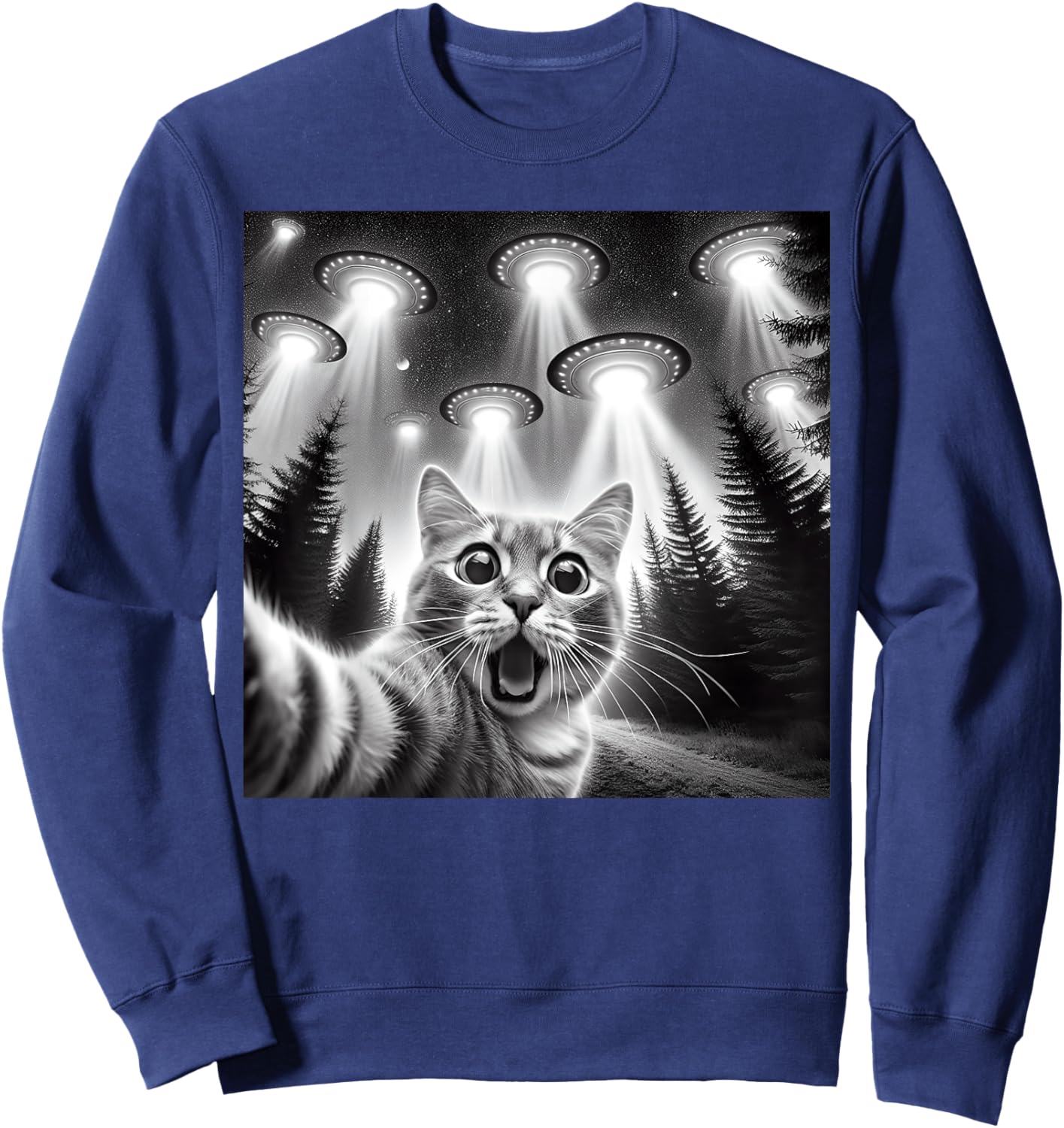 Cat Selfie With Alien UFO Funny Cat Gifts Women Kids Sweatshirt - Sweatshirt | Navy