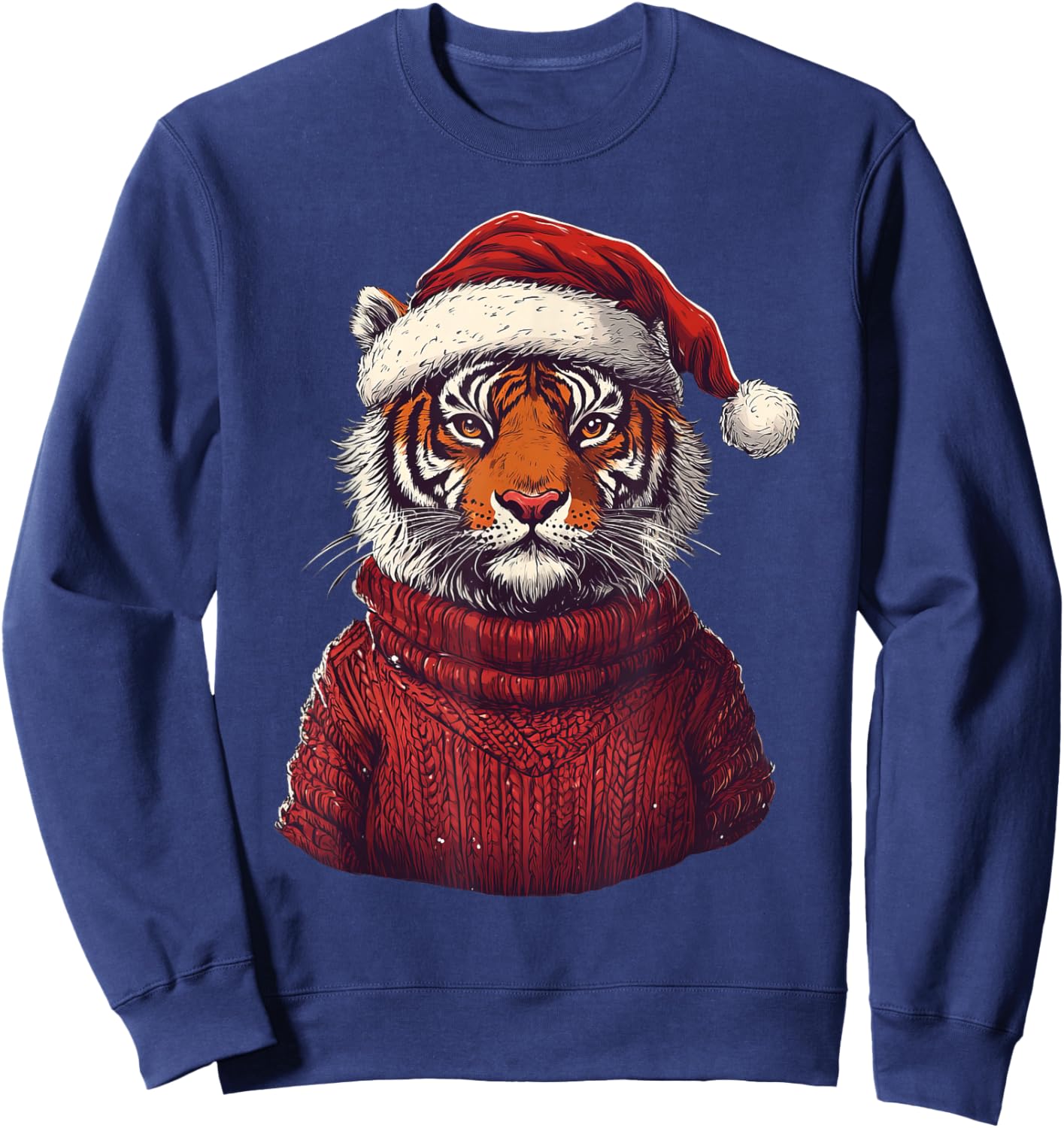 Tiger Ugly Sweater Santa Hat Christmas Sweatshirt - Sweatshirt | Navy