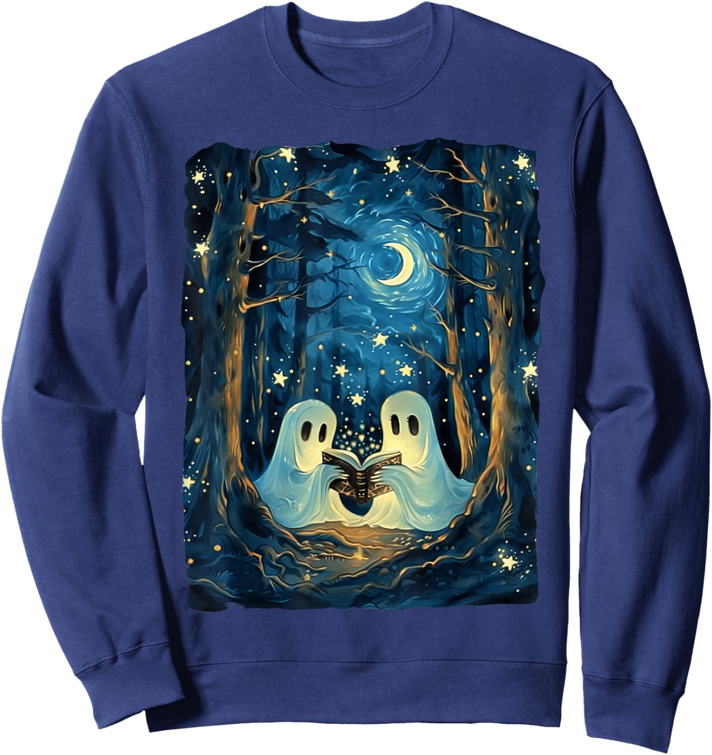 Starry Night Ghost Book Reading Camping Halloween Van Gogh Sweatshirt - Sweatshirt | Navy