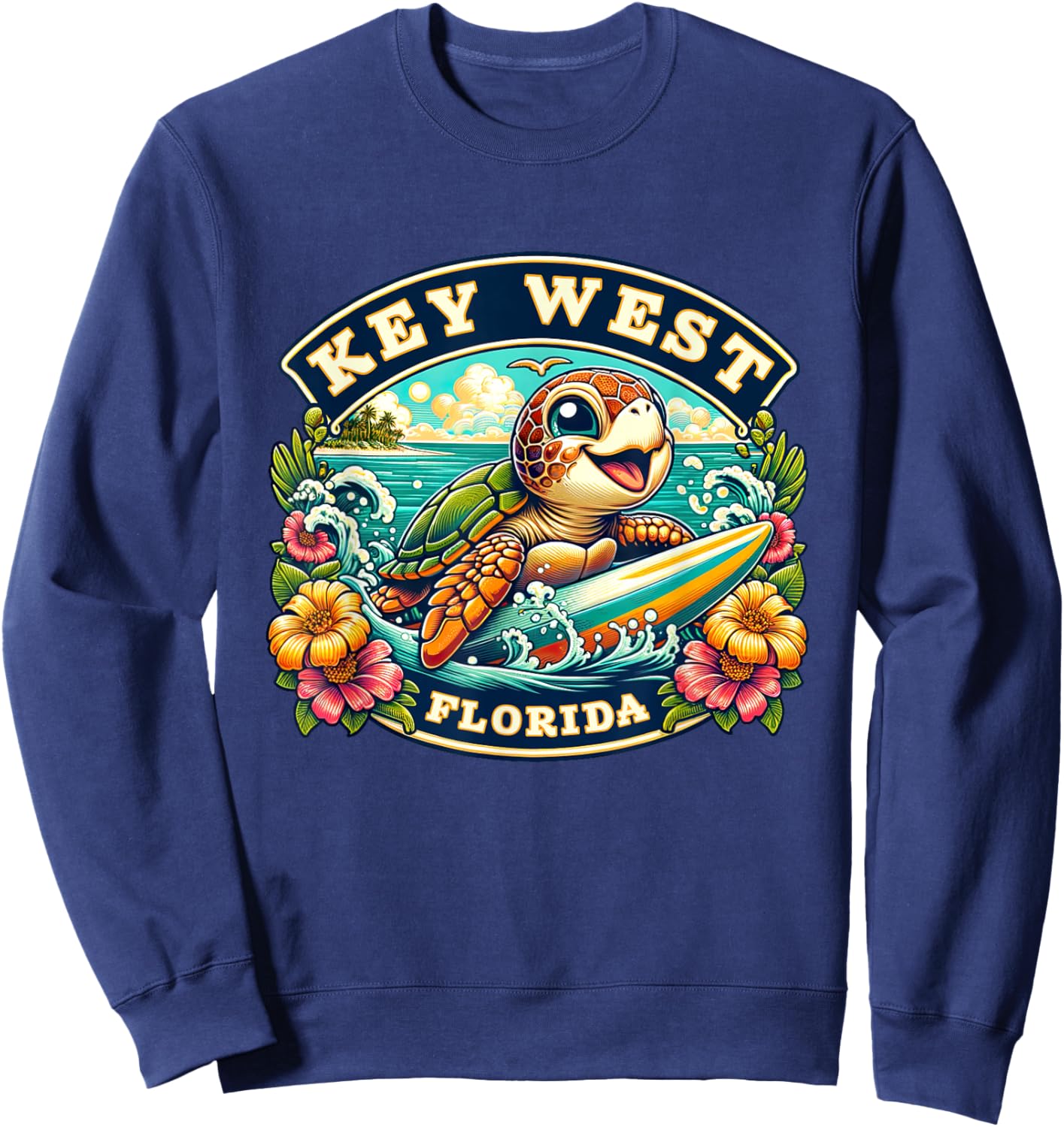 Key West Florida Cute Sea Turtle Surfing Sweatshirt - Sweatshirt | Navy