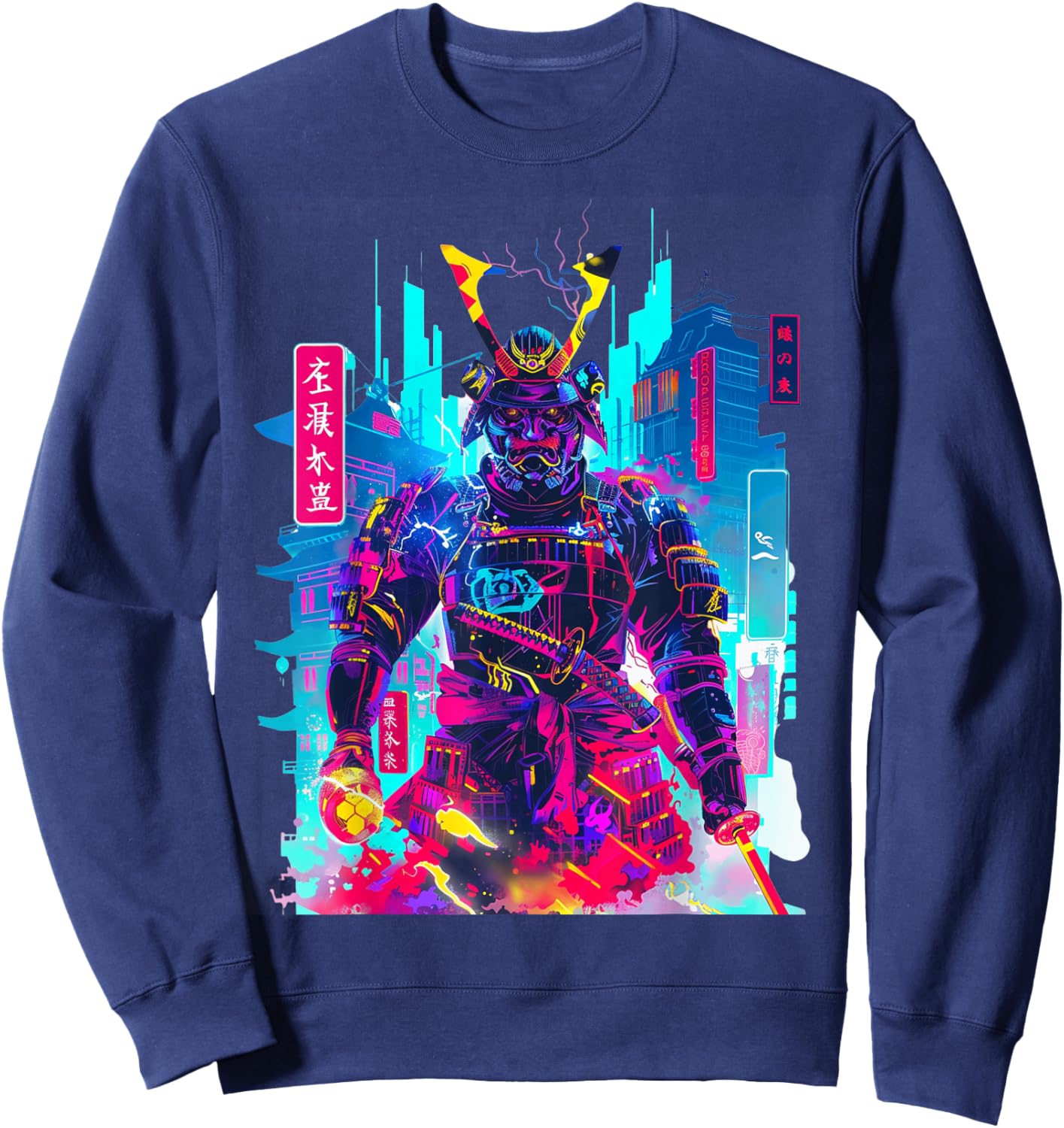 Cyberpunk Neon Samurai Japanese Art Sweatshirt - Sweatshirt | Navy