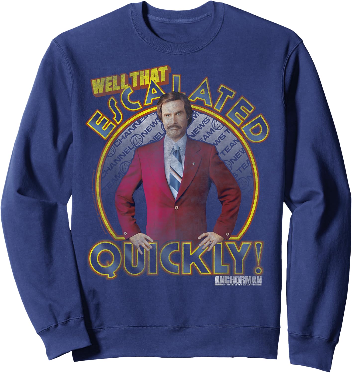 Anchorman Ron Burgundy Escalated Quickly Circle Portrait Sweatshirt - Sweatshirt | Navy