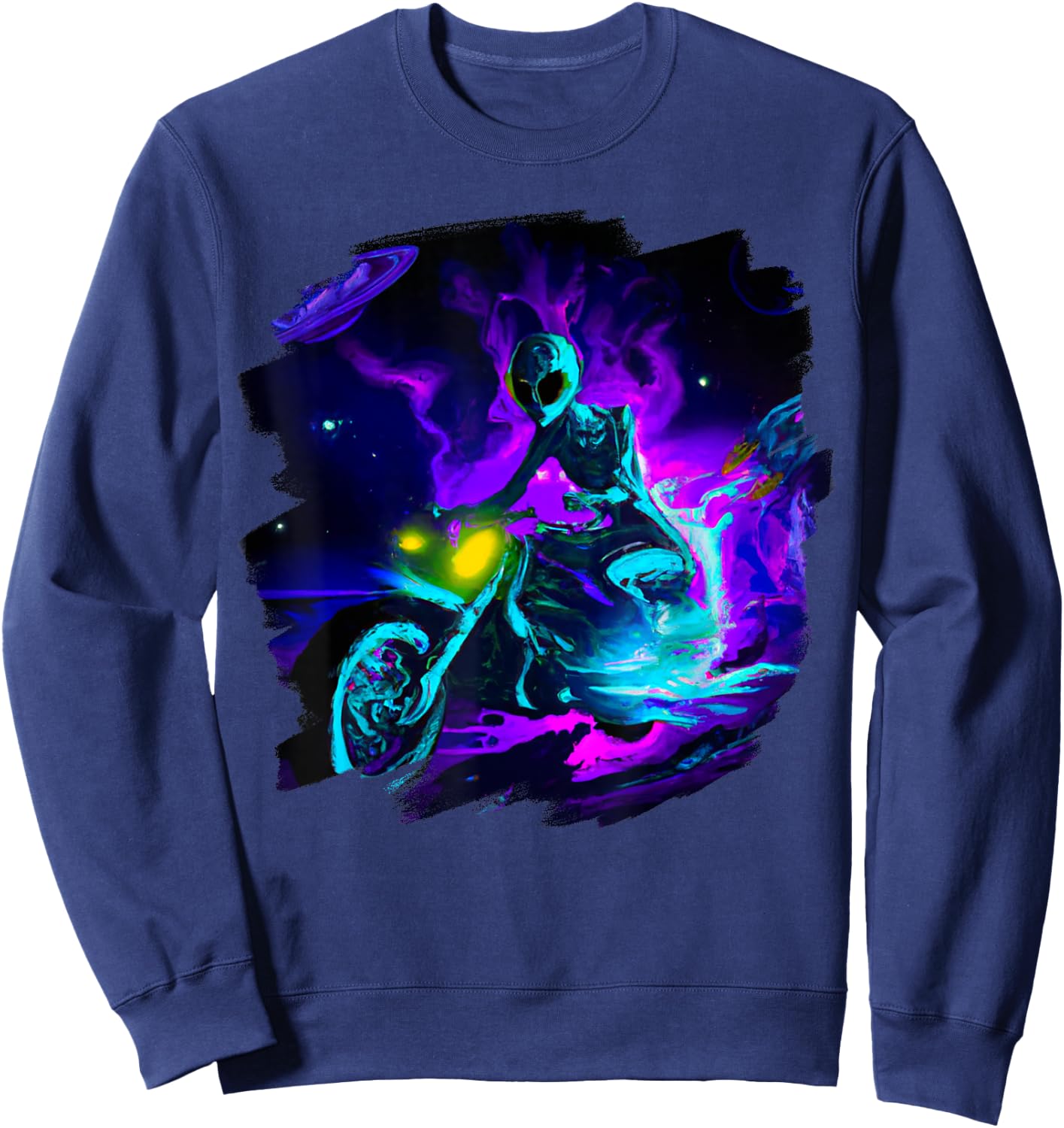 Alien Riding Motorcycle Dirt Bike in Space Aliens Biker Sweatshirt - Sweatshirt | Navy