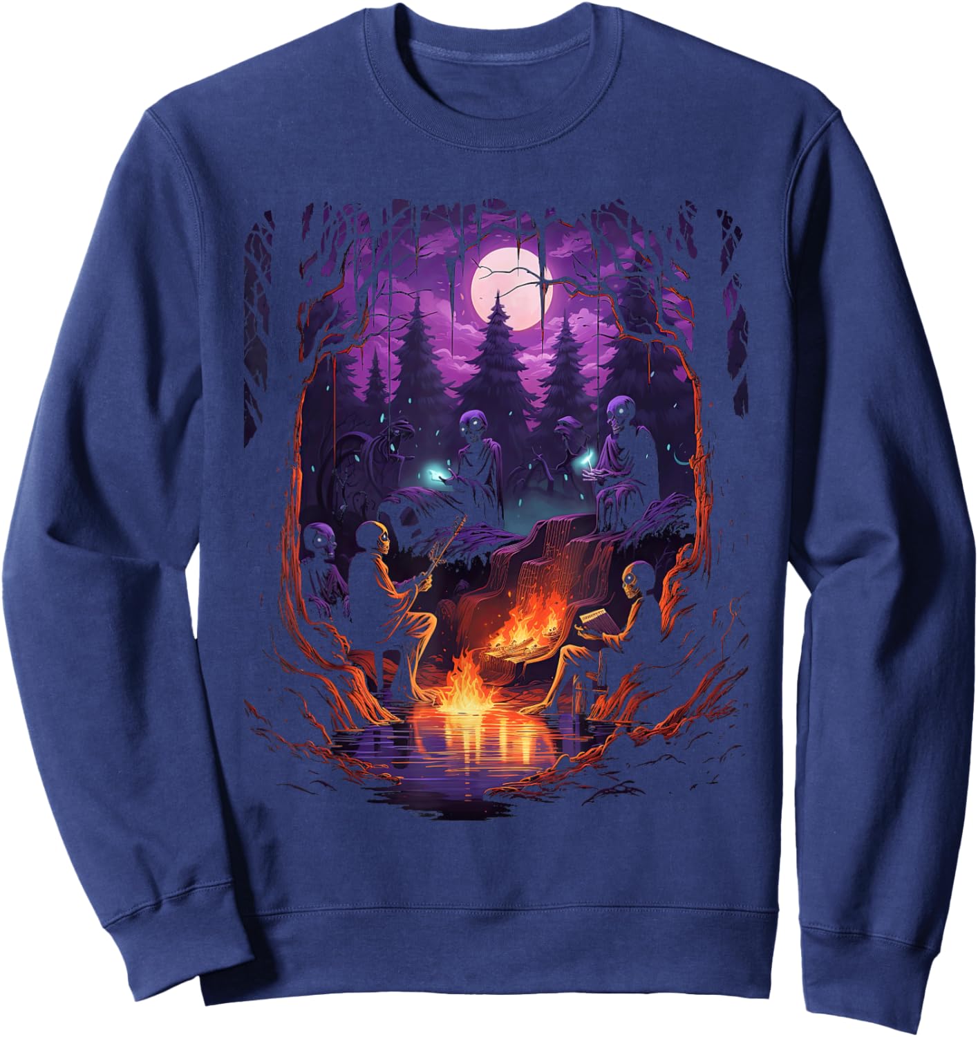 Vintage Ghost and Skeleton by Fire Camping Gothic Halloween Sweatshirt - Sweatshirt | Navy
