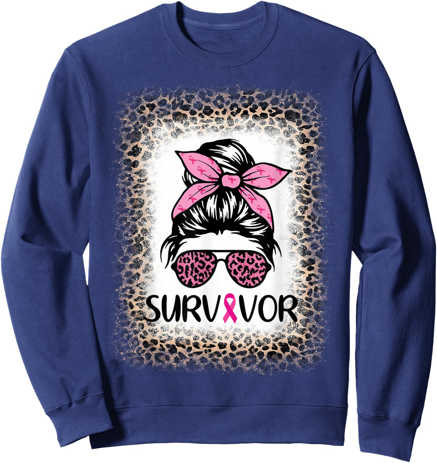 Survivor Breast Cancer Shirts Messy Bun Bleached Sweatshirt - Sweatshirt | Navy