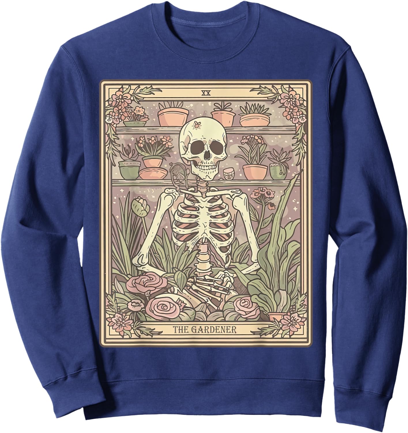 The Gardener Tarot Card Skeleton Plant Floral Gardening Sweatshirt - Sweatshirt | Navy
