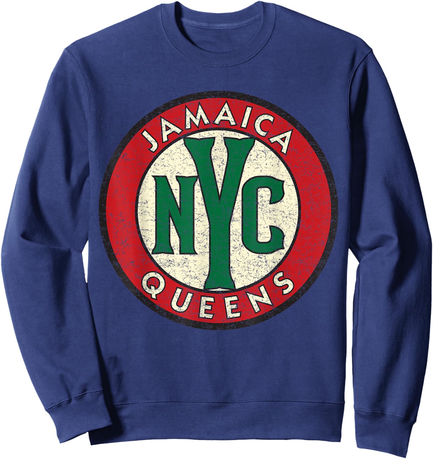 Jamaica Queens NYC Circle Sign Distressed Print Sweatshirt - Sweatshirt | Navy