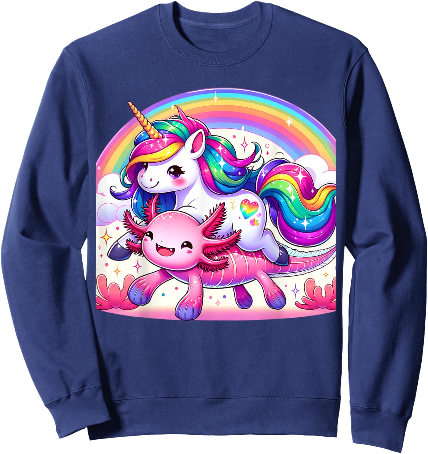 Unicorn Riding Axolotl Kawaii Kids Girls Boys Men Rainbow Sweatshirt - Sweatshirt | Navy