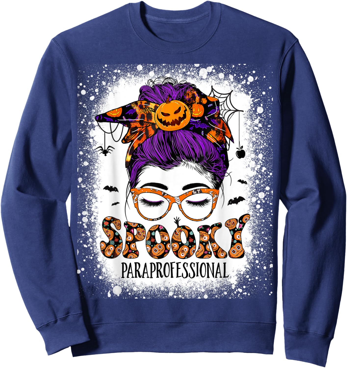 Spooky Paraprofessional Life Halloween Messy Bun Teacher Women Sweatshirt - Sweatshirt | Navy