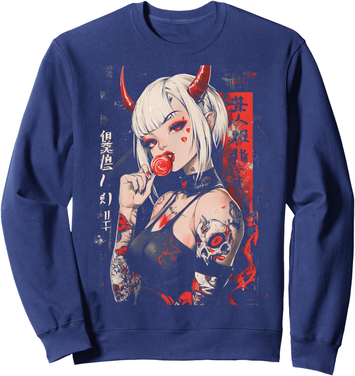 Goth Grunge Girl Waifu Demon Anime Horror Alt Aesthetic Sweatshirt - Sweatshirt | Navy
