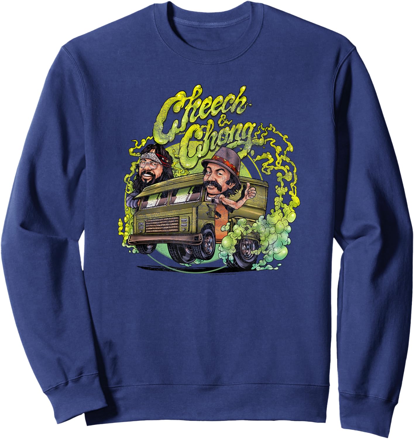Cheech & Chong Retro Cartoon Riding Truck With Green Smoke Sweatshirt - Sweatshirt | Navy