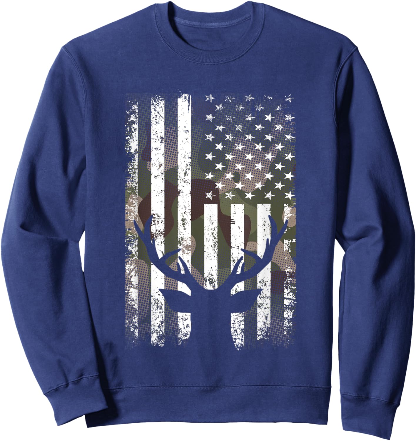 American Flag Camouflage Outdoor Antlers Elk Deer Sweatshirt - Sweatshirt | Navy