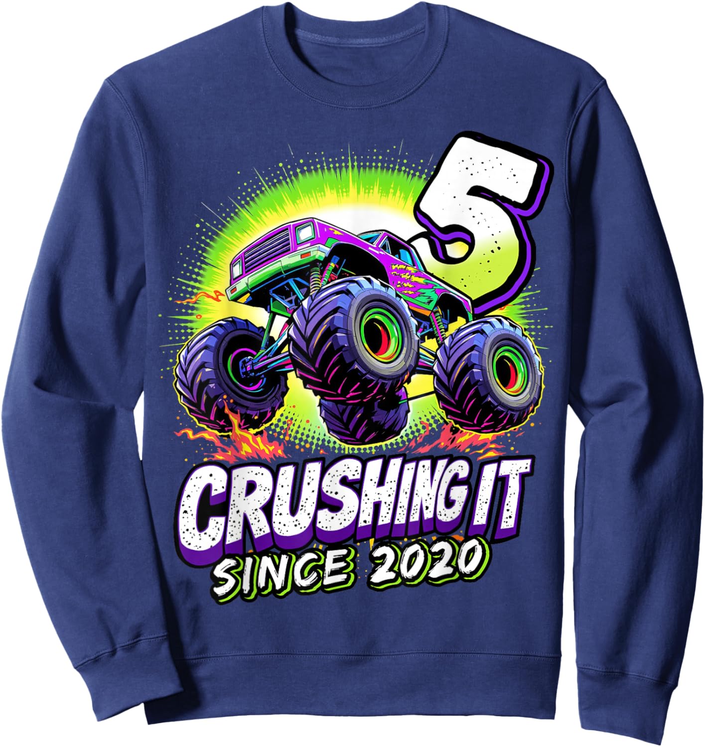 Birthday Monster Truck 5 year Old Boys 5th Party Born 2020 Sweatshirt - Sweatshirt | Navy