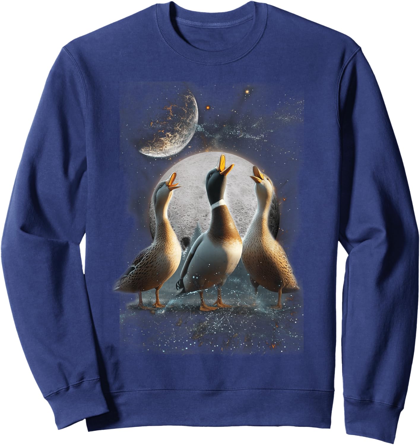 Three Ducks Howling At The Moon Funny Pet Parody Duck Sweatshirt - Sweatshirt | Navy