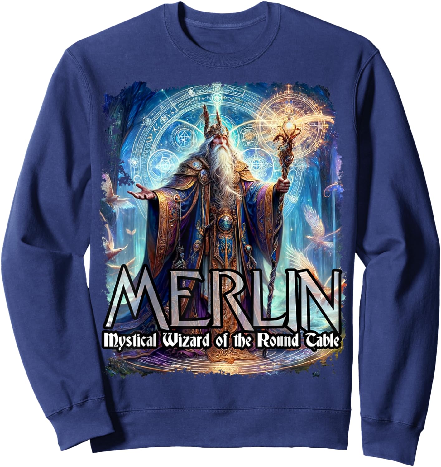 Mythothreads Arthurian Mythology Merlin Mystical Wizard of the Round Table Magical Sorcerer , Small, Black Sweatshirt - Sweatshirt | Navy