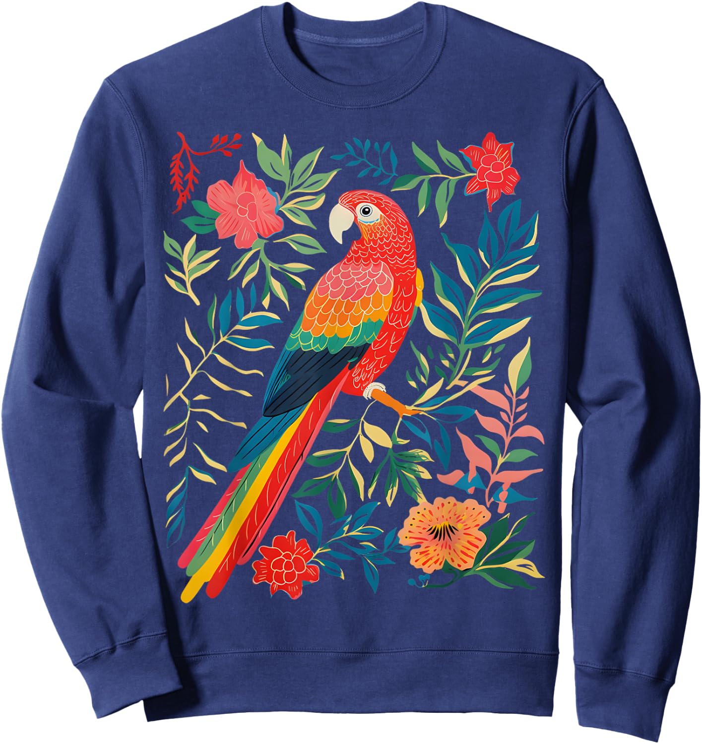Boho Floral Parrot Scarlet Macaw Birdwatching Bird Lover Sweatshirt - Sweatshirt | Navy