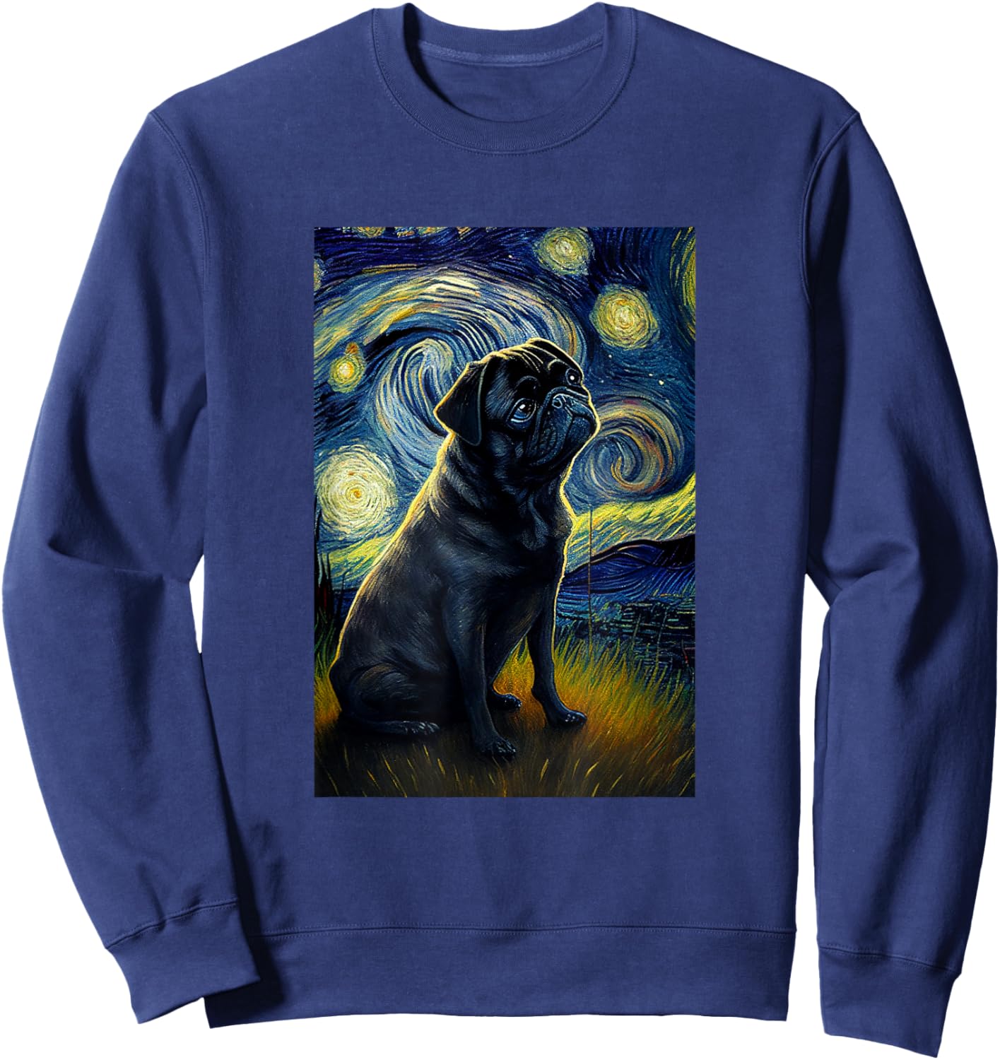 black Pug in Starry Night Painting Dog Mom Dad Sweatshirt - Sweatshirt | Navy