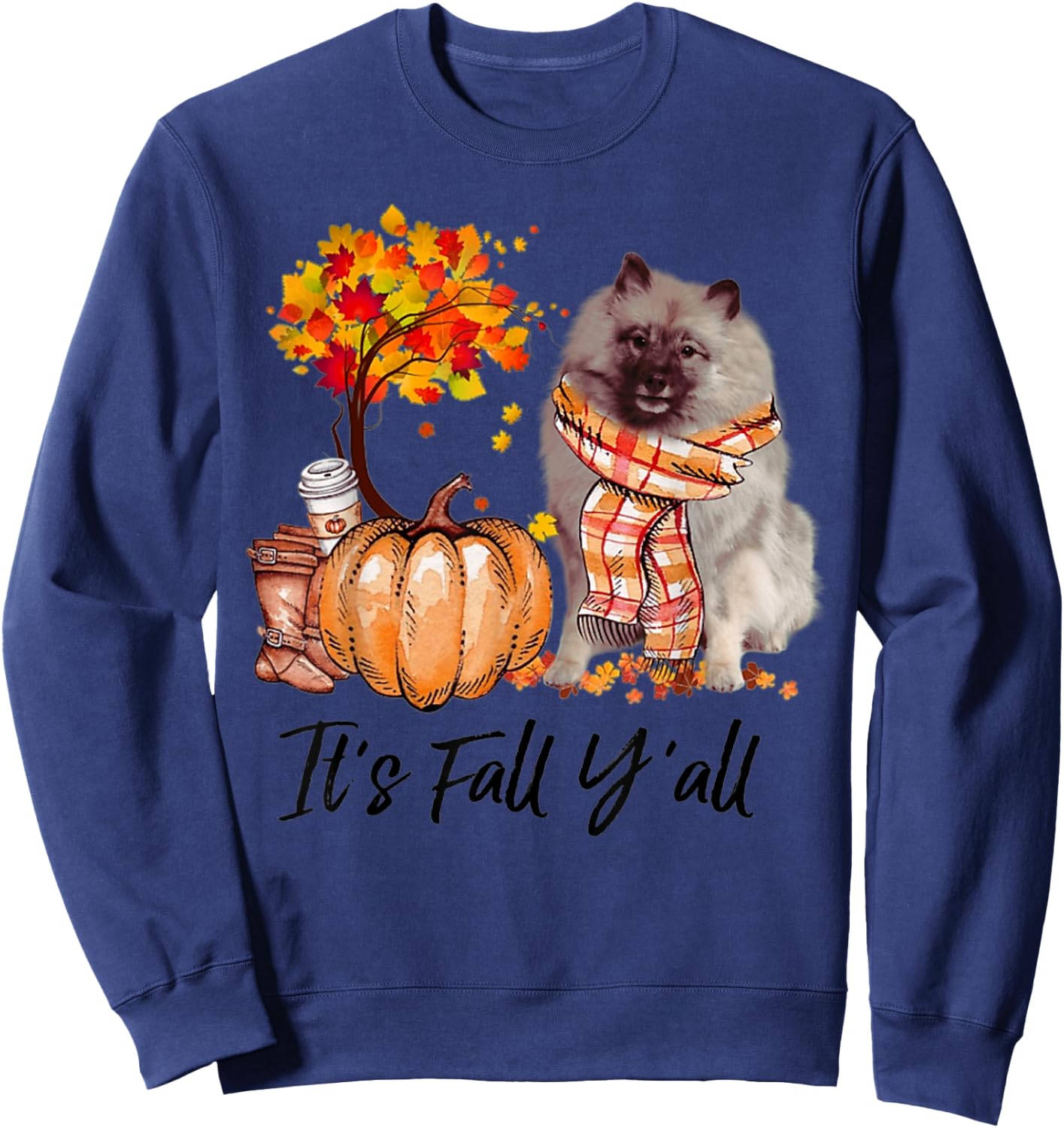Keeshond It's Fall Y'all Pumpkin Tree Coffee Chocolate Sweatshirt - Sweatshirt | Navy