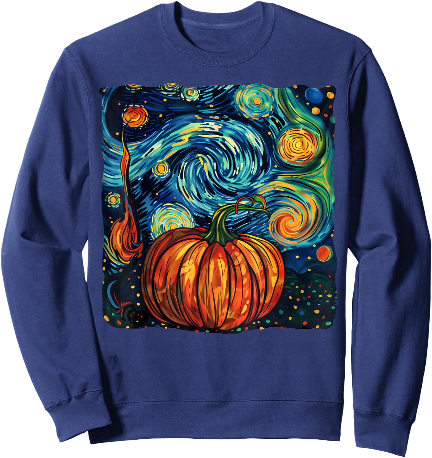 Pumpkin Halloween Starry Night Van Gogh Thanksgiving Fall Sweatshirt - Sweatshirt | Navy