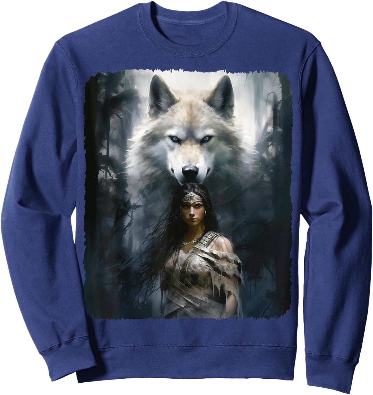 Warrior Woman with a White Wolf Fantasy Sweatshirt - Sweatshirt | Navy