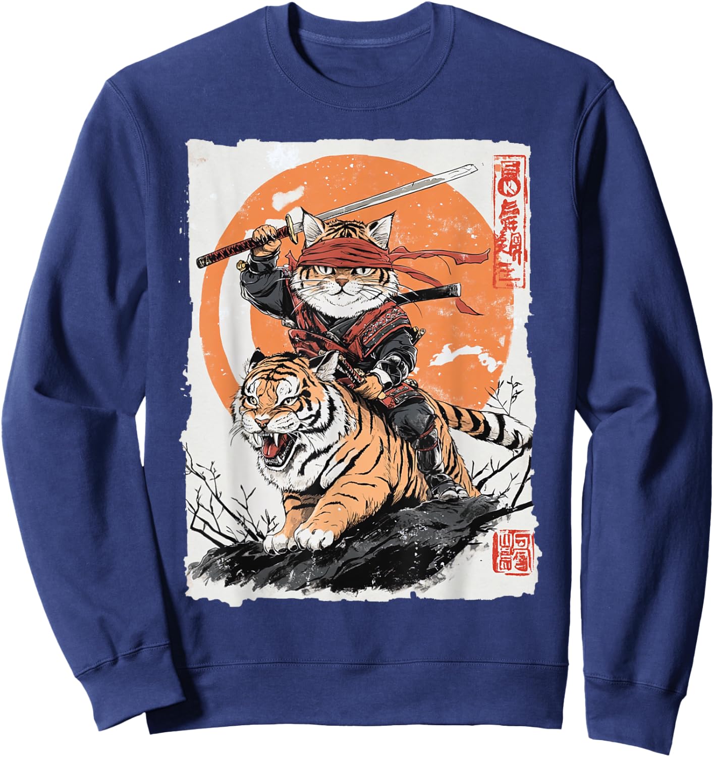 Ninja Cat Riding Tiger - Japanese Samurai Art Vintage Style Women Kids Sweatshirt - Sweatshirt | Navy