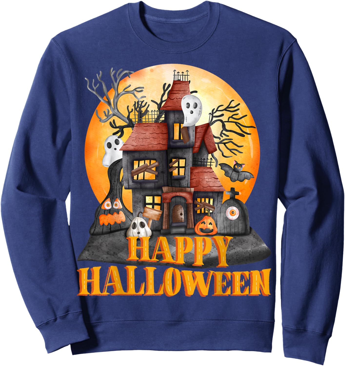 Fall season happy Halloween haunted houses spiders bats Sweatshirt - Sweatshirt | Navy
