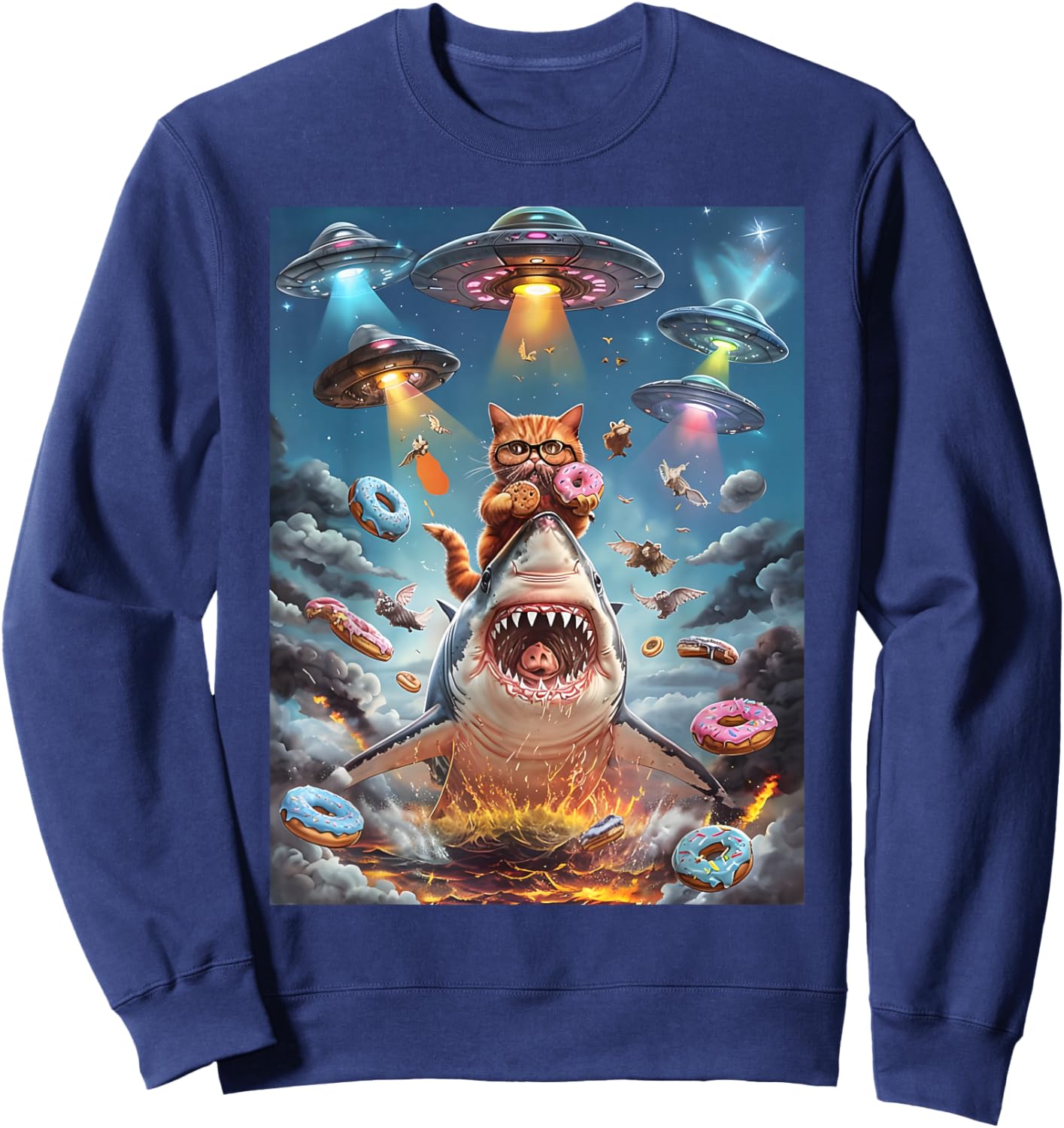 Funny Cat Riding Fire Breathing Shark Rainbow Birthday Kids Sweatshirt - Sweatshirt | Navy