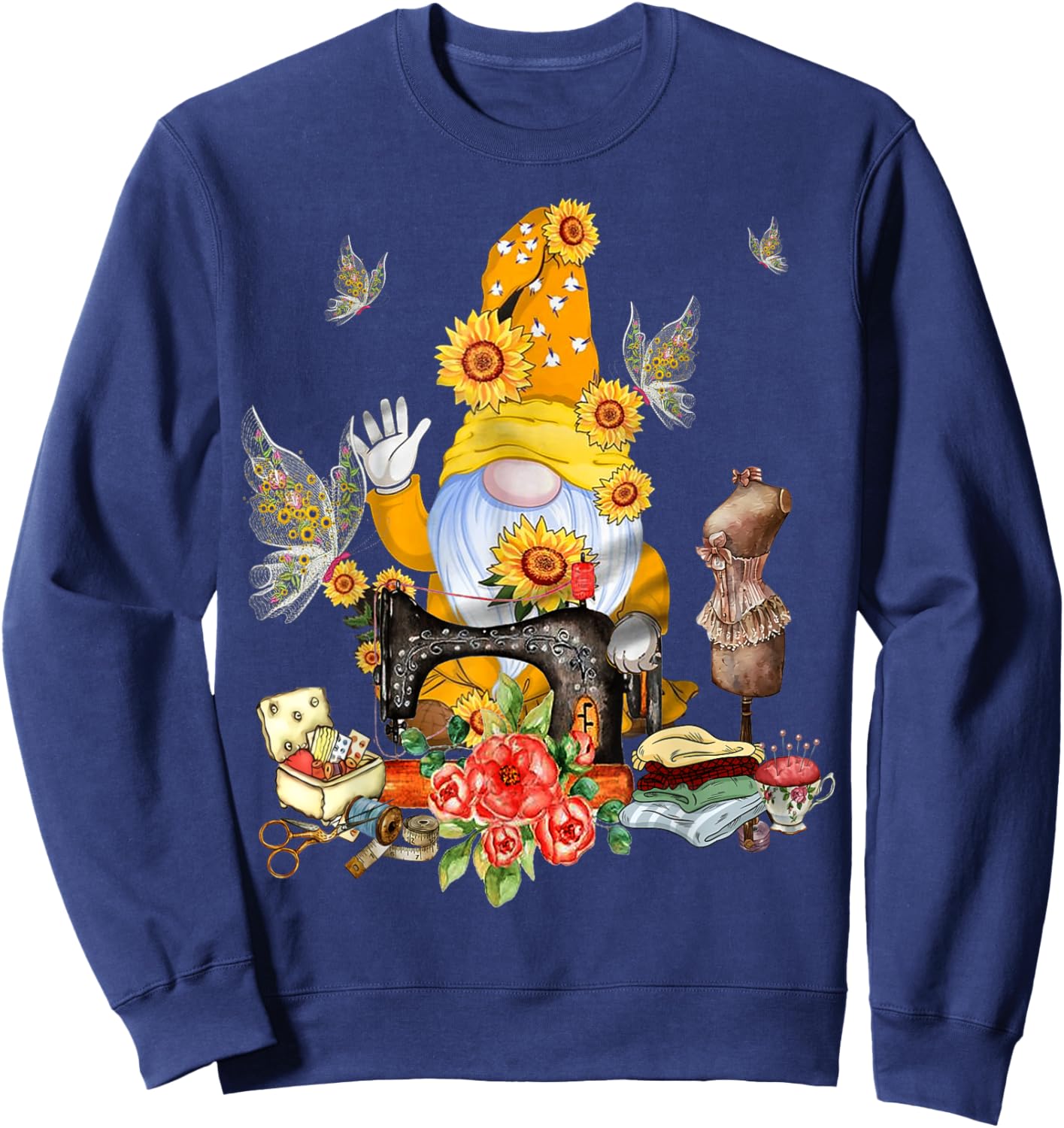 Gnome And Butterflies Quilting Funny Quilters Sewing Gnome Sweatshirt - Sweatshirt | Navy