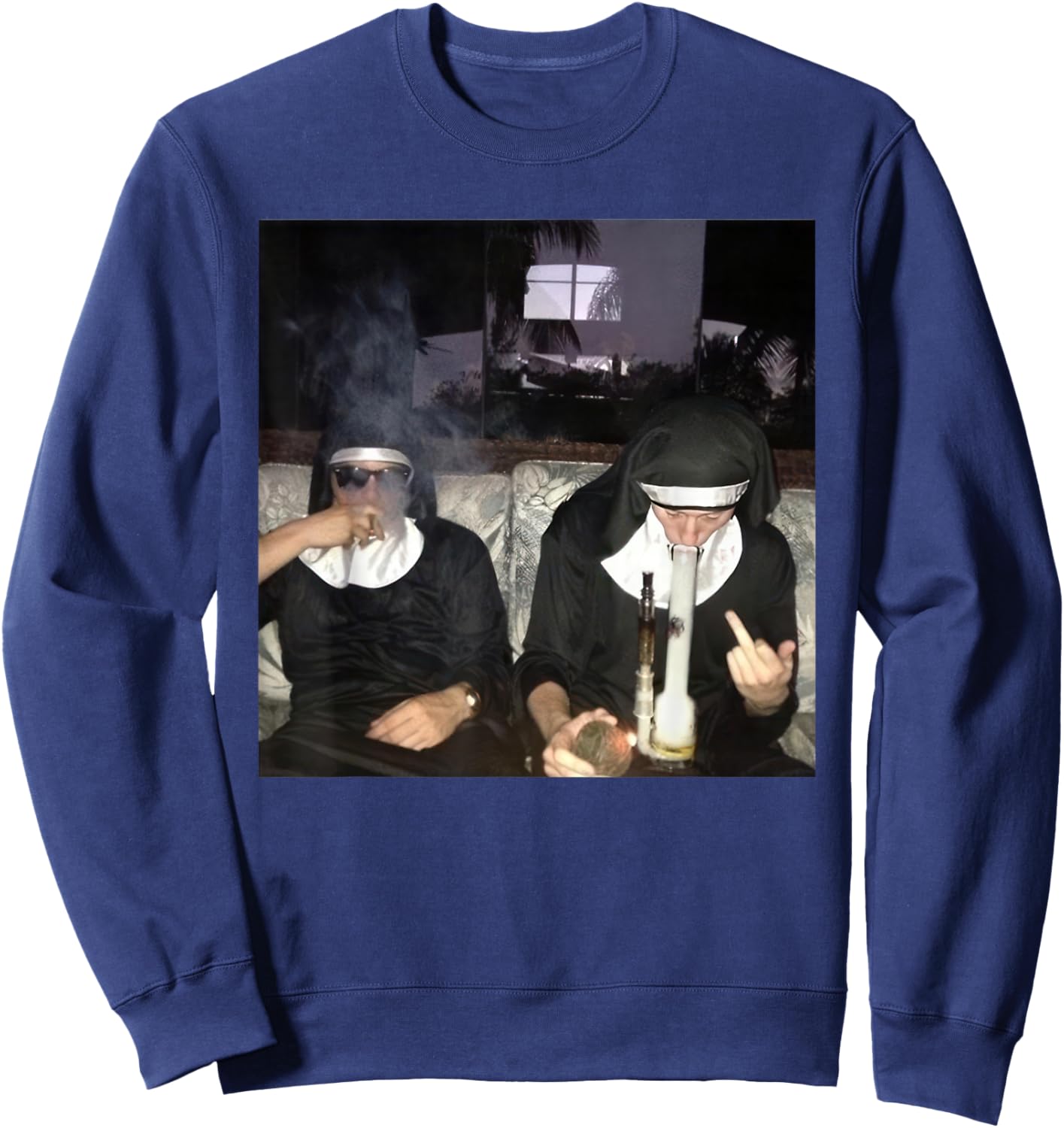 Vintage Nuns Smoking Cigarette Bong Funny Drug Nun Sweatshirt - Sweatshirt | Navy