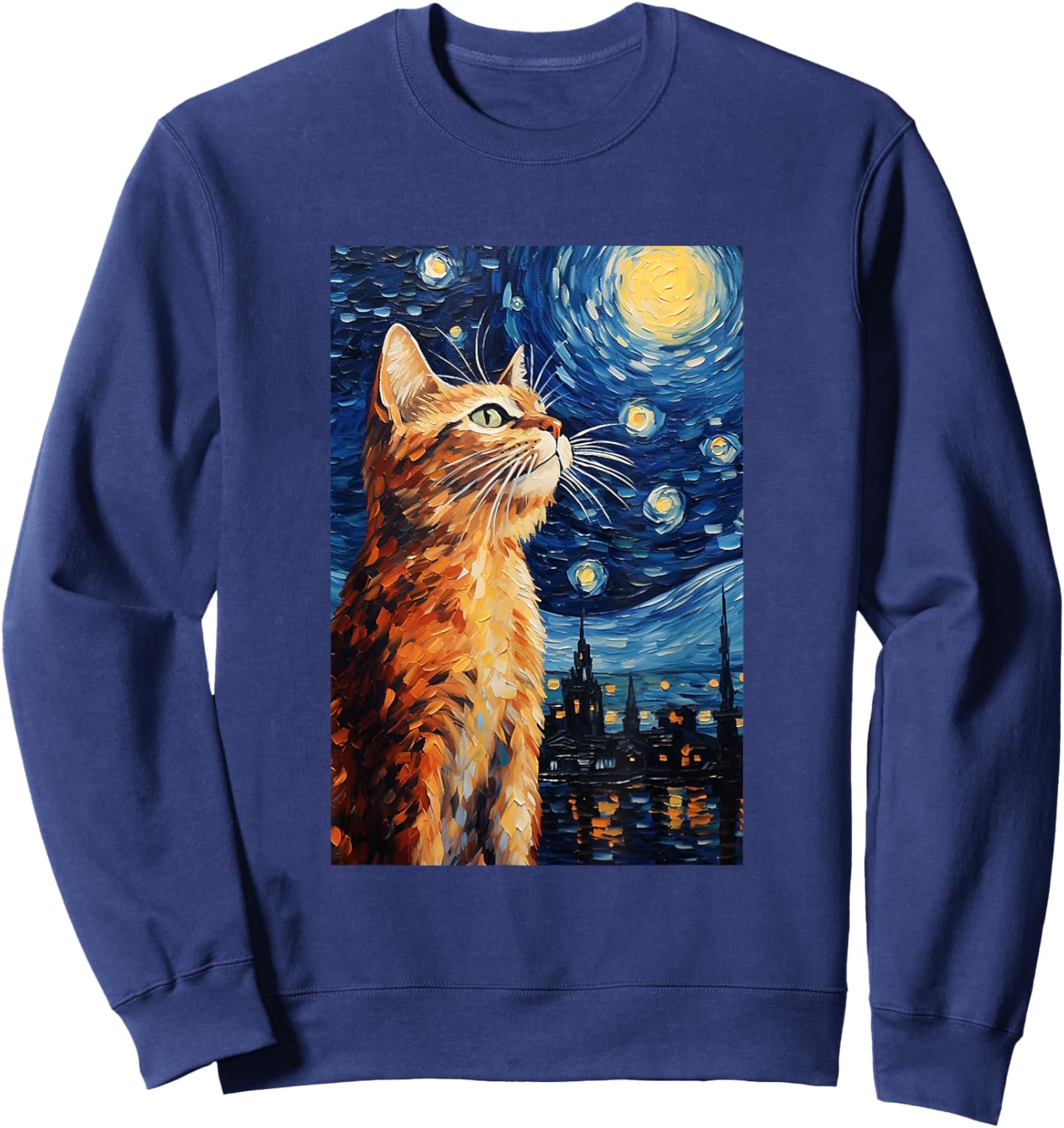 Cute Cat - Van Gogh Style - Starry Night Women Girls Kids Sweatshirt - Sweatshirt | Navy