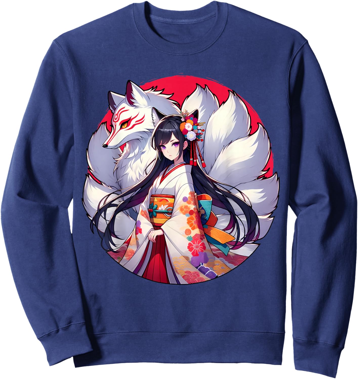 Japanese Anime Girl With Kitsune Nine Tailed Fox Sweatshirt - Sweatshirt | Navy