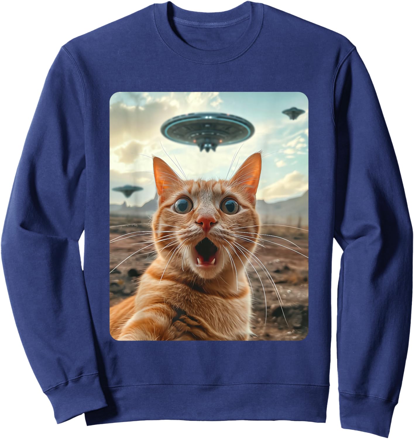 Extraterrestrial Encounter: Cat Selfie with UFO Sweatshirt - Sweatshirt | Navy