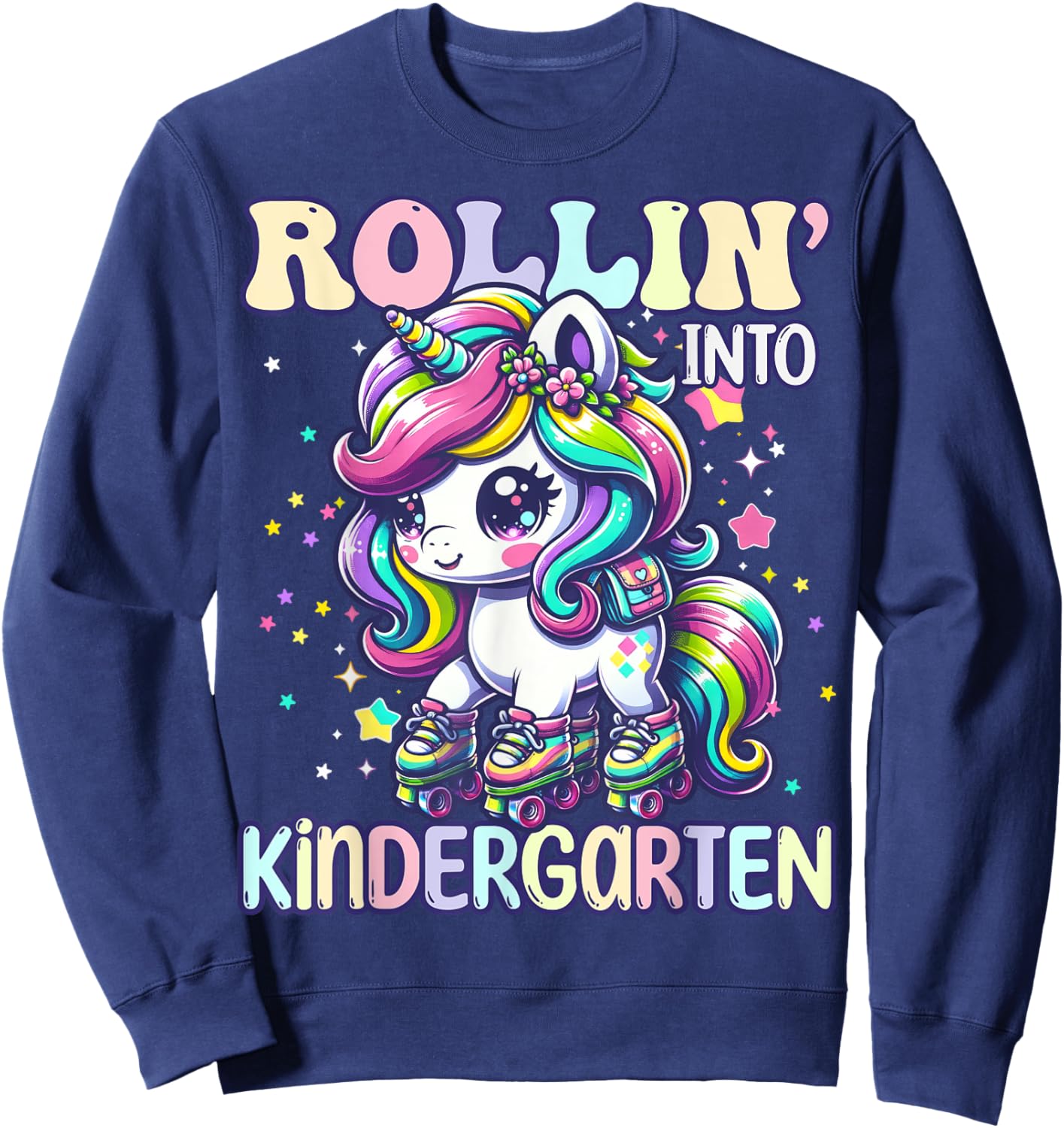 Kindergarten Back To School First Day Girls Rollin Unicorn Sweatshirt - Sweatshirt | Navy
