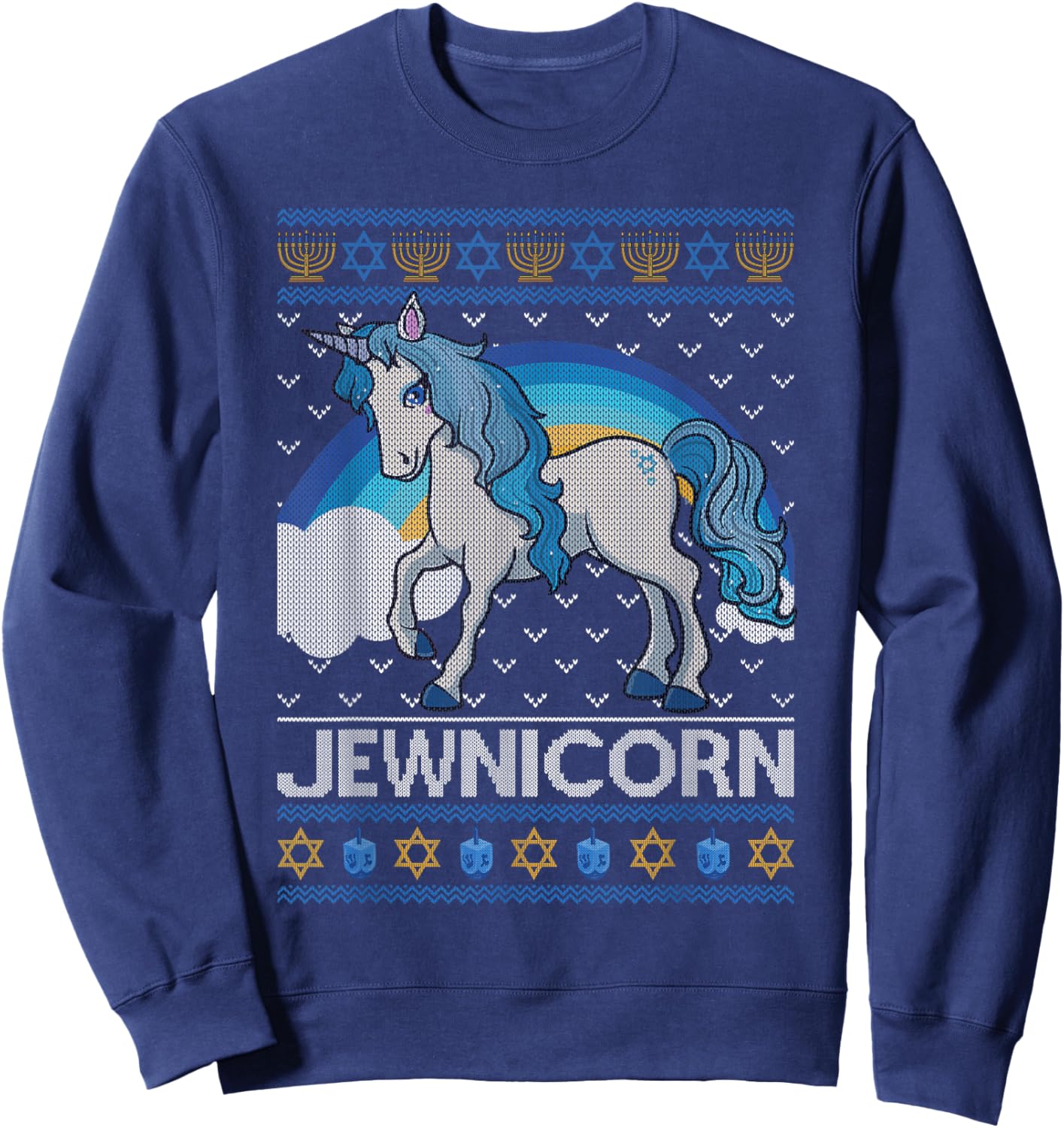 Funny Jewnicorn Jewish Unicorn Menorah Ugly Hanukkah Sweater Sweatshirt - Sweatshirt | Navy