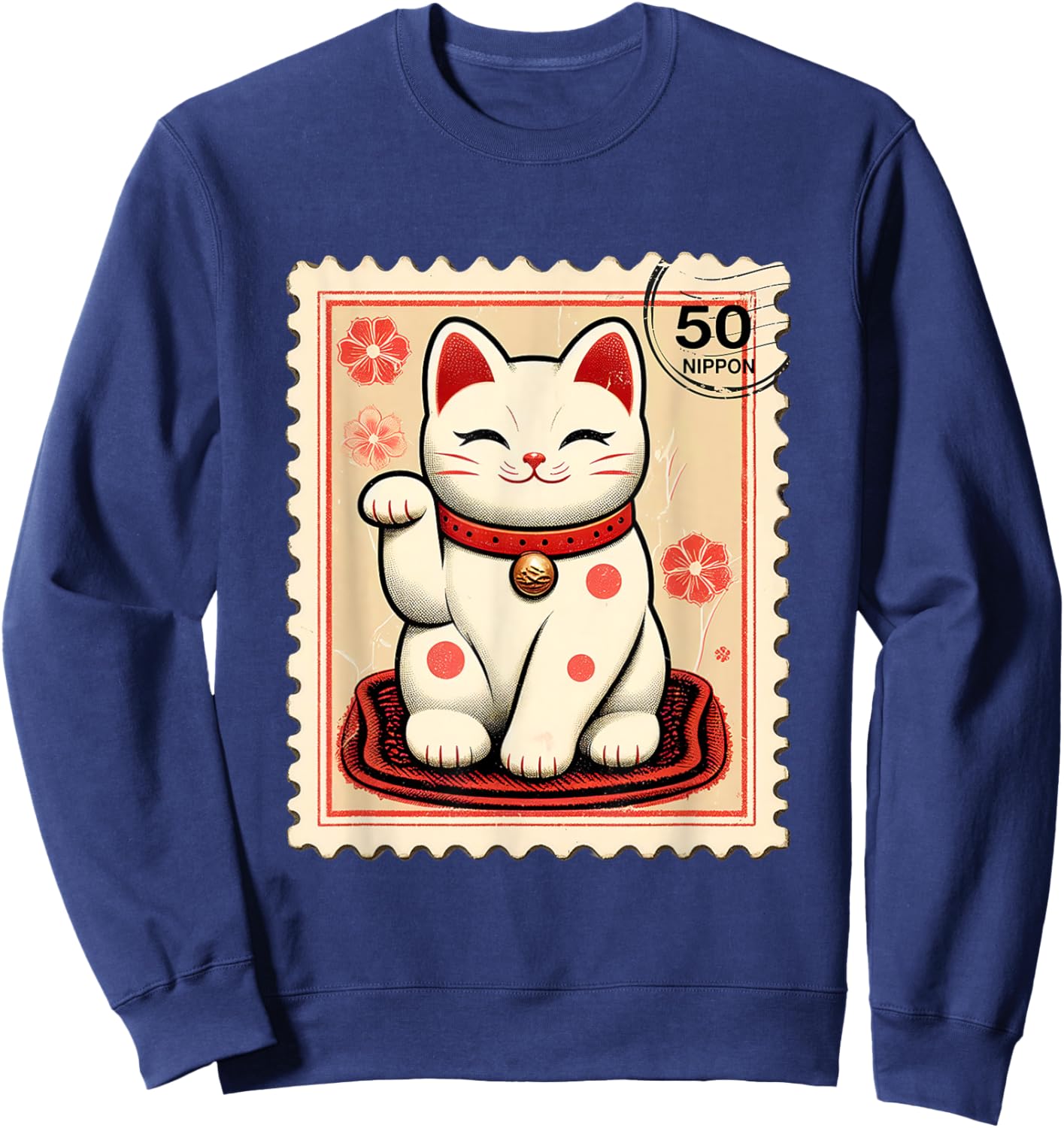 Maneki Neko Japanese Kawaii Lucky Cat Stamp Retro Aesthetic Sweatshirt - Sweatshirt | Navy