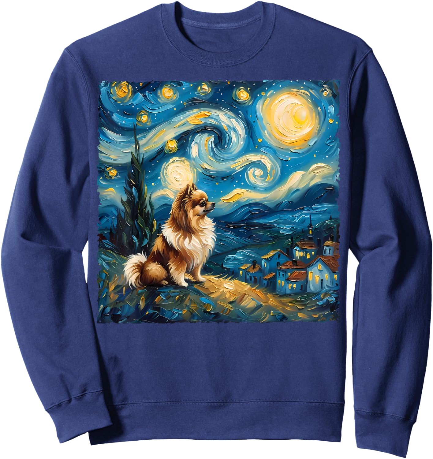 Pomeranian Dog Lovers Starry Night Van Gogh Style Painting Sweatshirt - Sweatshirt | Navy