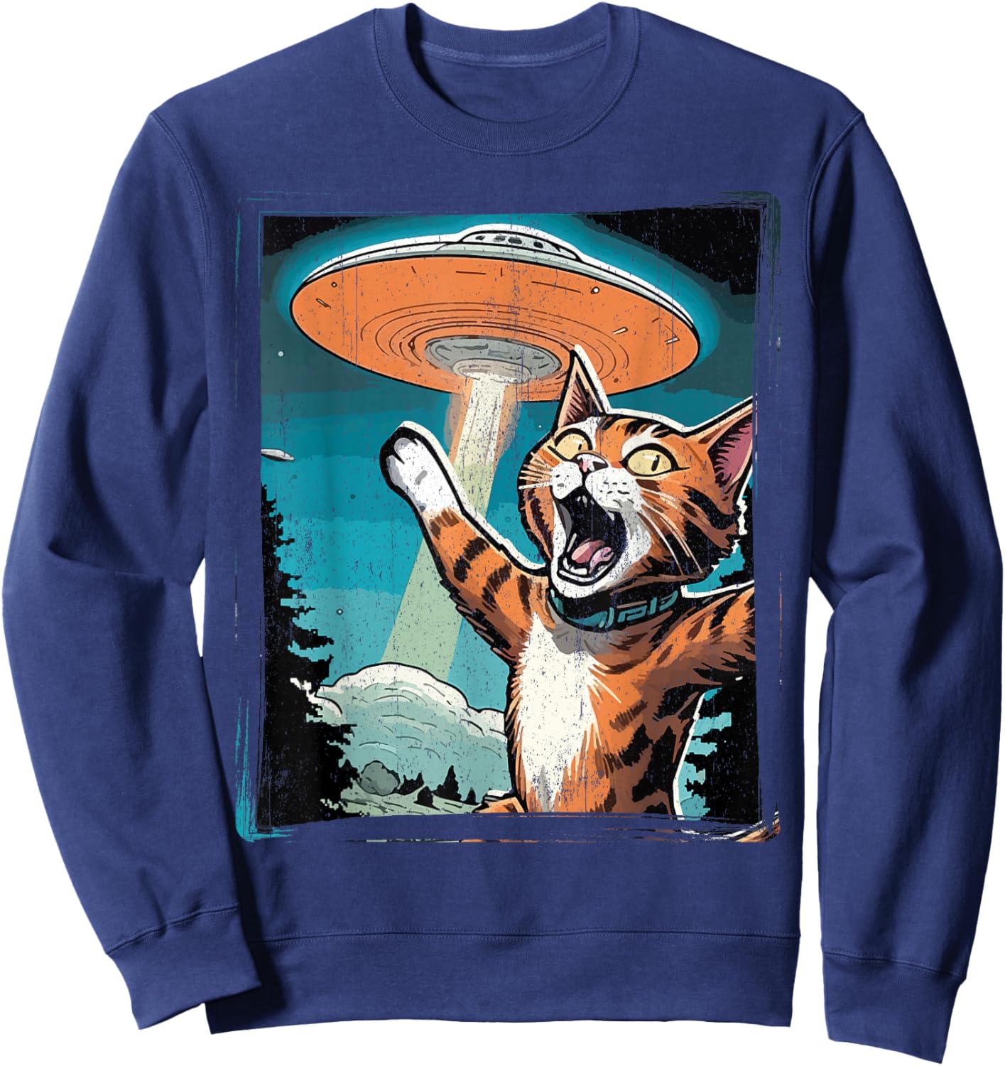 Funny Cat Selfie with UFO Cat Lover Gift Cat Mom Cat Dad Sweatshirt - Sweatshirt | Navy