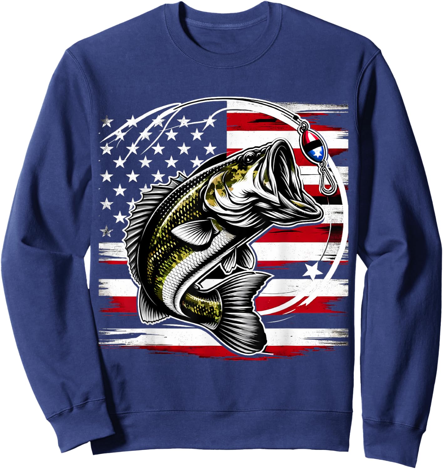American Flag Fish Fisher Fisherman Funny Bass Fishing USA Sweatshirt - Sweatshirt | Navy