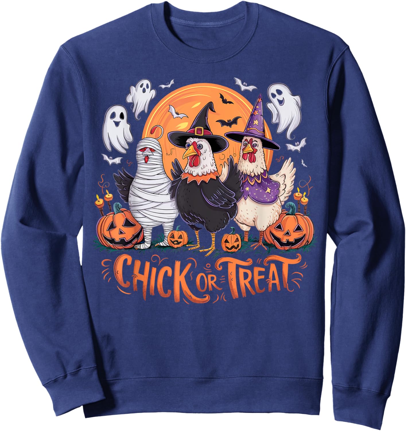 Halloween Chick Or Treat Pumpkin Spooky Witch Chicken Farmer Sweatshirt - Sweatshirt | Navy