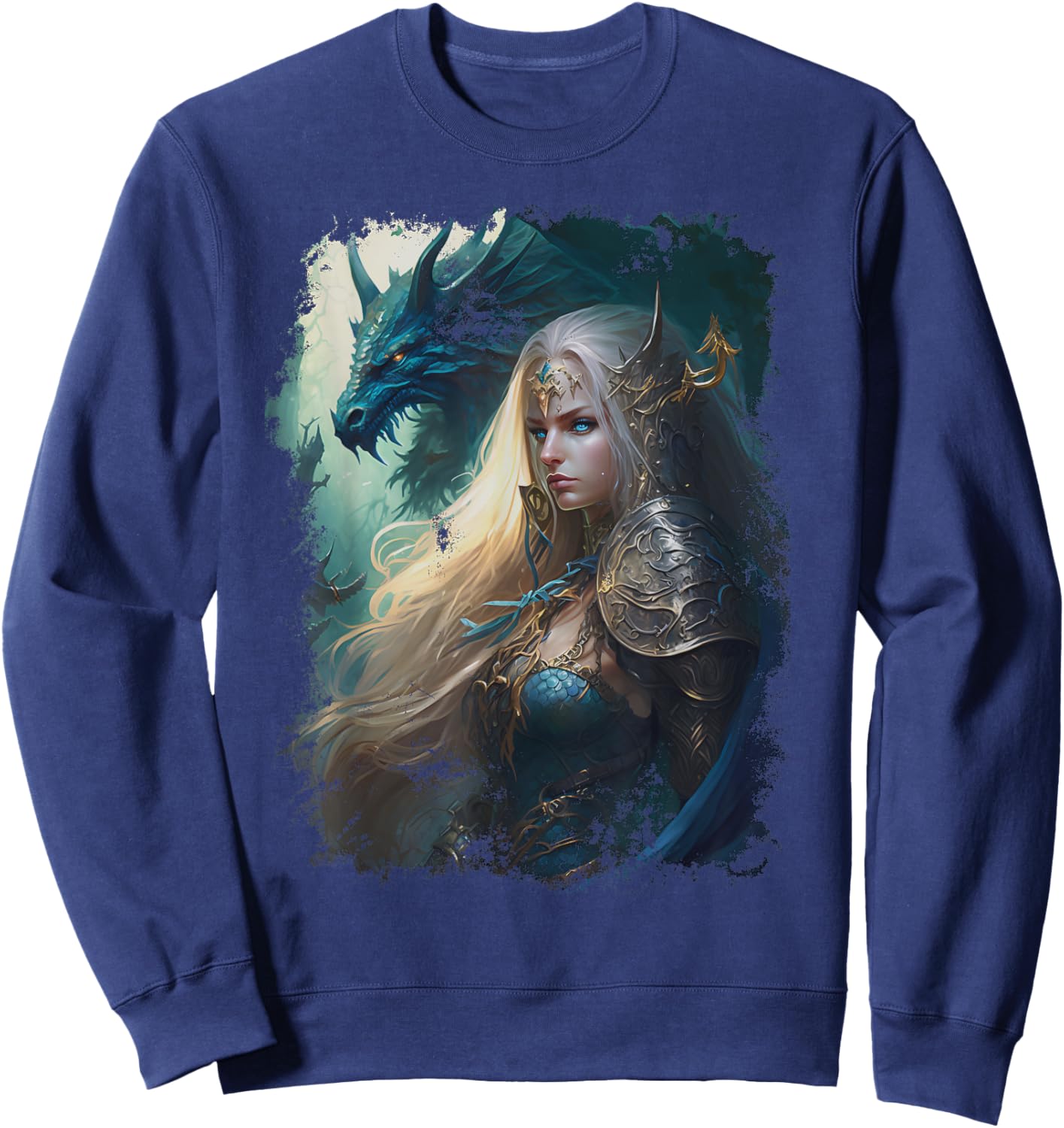 Elven Warrior Elf Princess Dragon Vintage Fantasy Graphic Sweatshirt - Sweatshirt | Navy