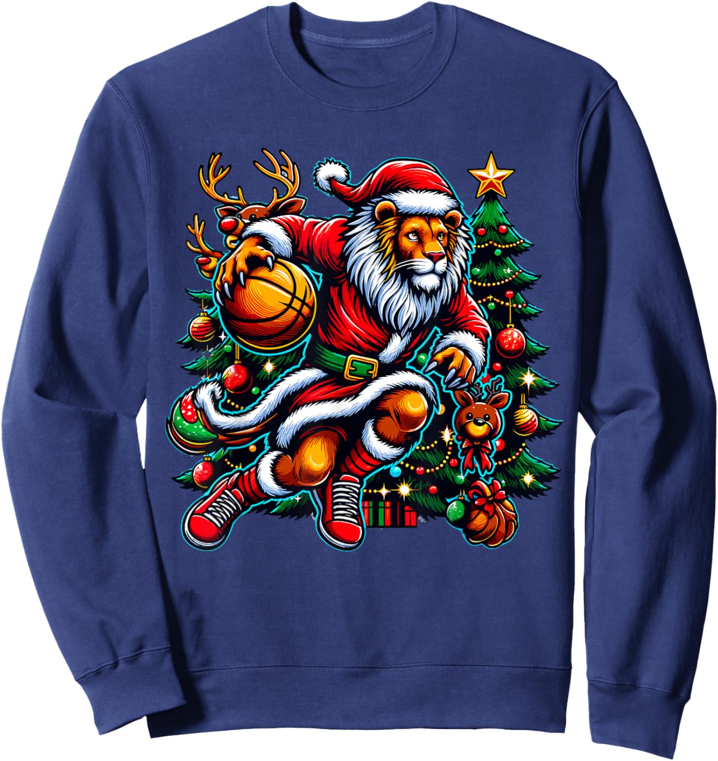 Santa Lion Play Basketball Christmas Funny Sweatshirt - Sweatshirt | Navy