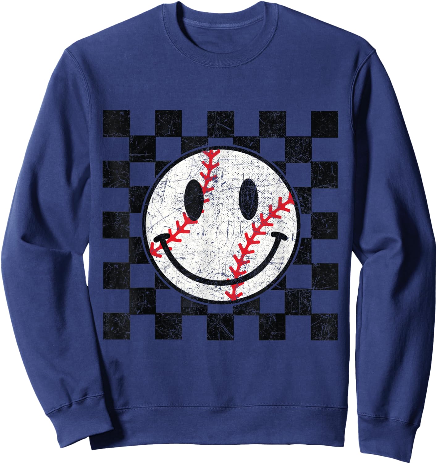 Baseball Smile Checkered Funny Sport Humor Sweatshirt - Sweatshirt | Navy