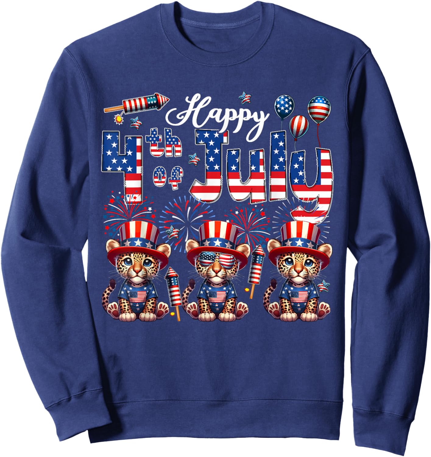 Happy 4th Of July Three Cute Leopards Sunglasses Flag Proud Sweatshirt - Sweatshirt | Navy