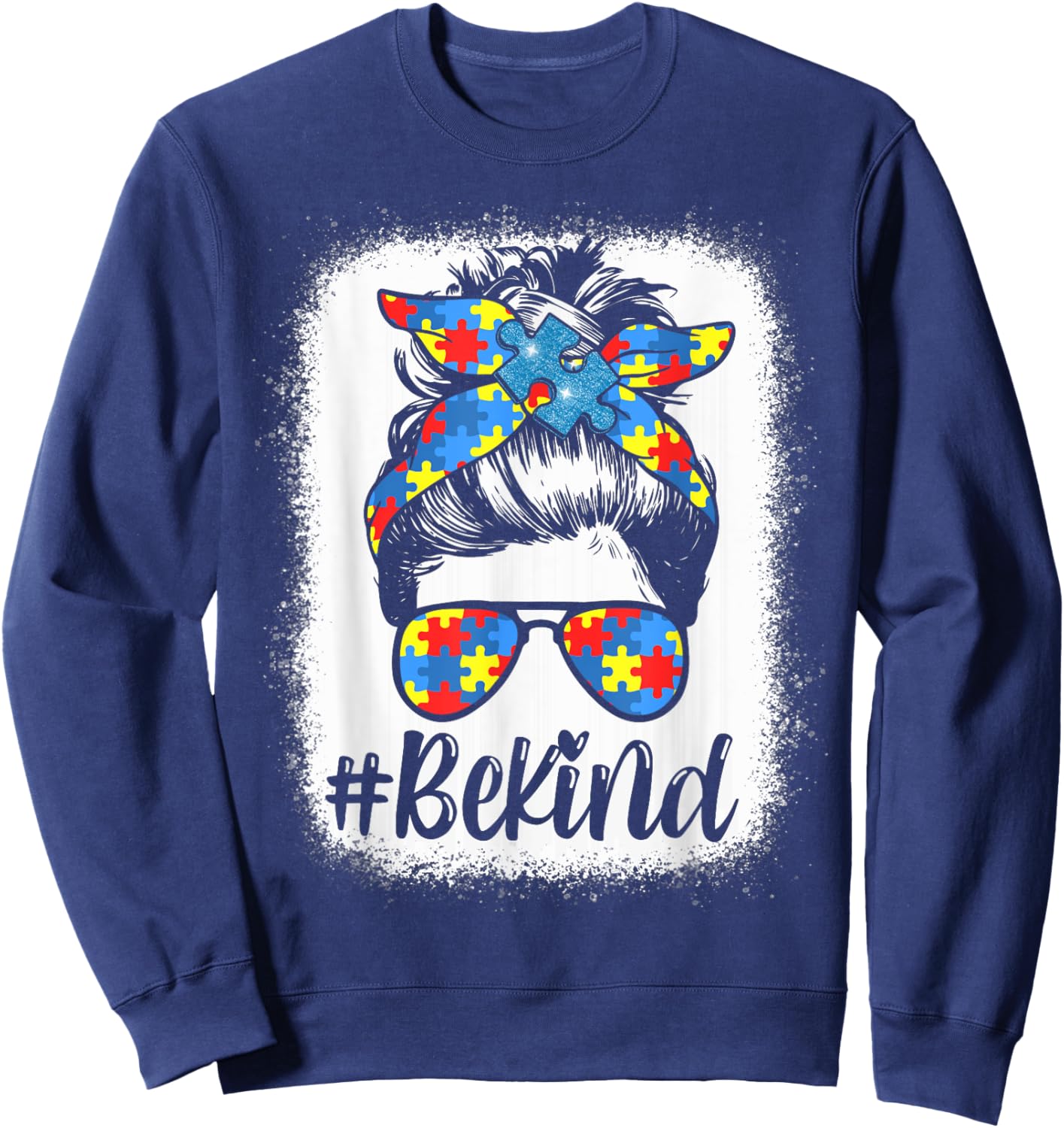 Be Kind Autism Awareness Girl Women Messy Bun Hair Gifts Sweatshirt - Sweatshirt | Navy