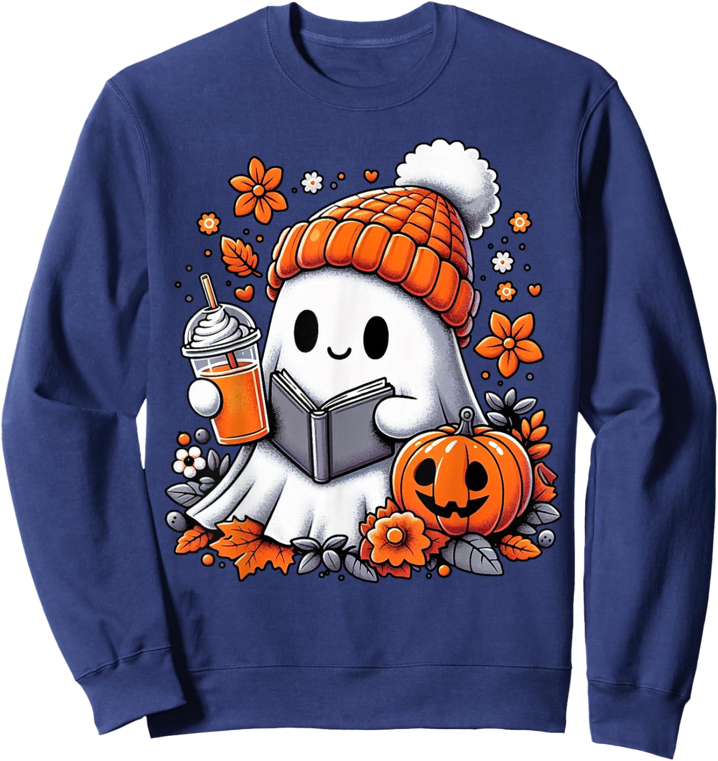 Ghost Drinking Coffee Book Reading Halloween Pumpkin Flower Sweatshirt - Sweatshirt | Navy