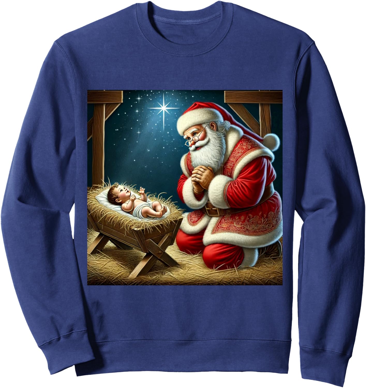 Santa Kneeling Before Baby Jesus Christmas Sweatshirt - Sweatshirt | Navy