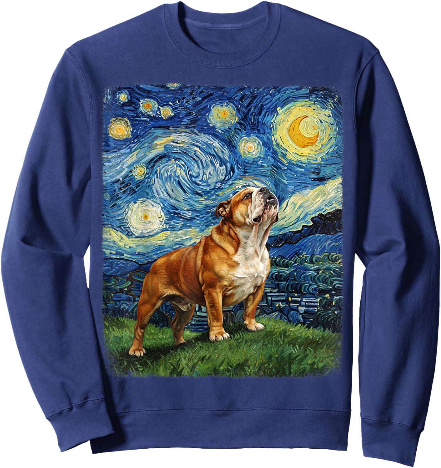 Bulldog Howling At Moon Starry Night Van Gogh Funny Sweatshirt - Sweatshirt | Navy