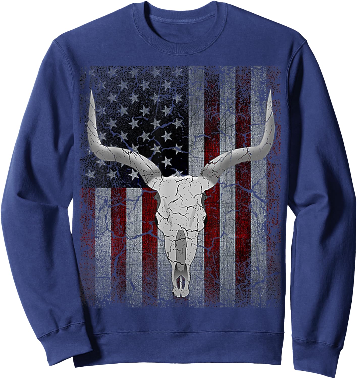 Bull Skull American Flag Cow Skull Western Graphic Wild West Sweatshirt - Sweatshirt | Navy