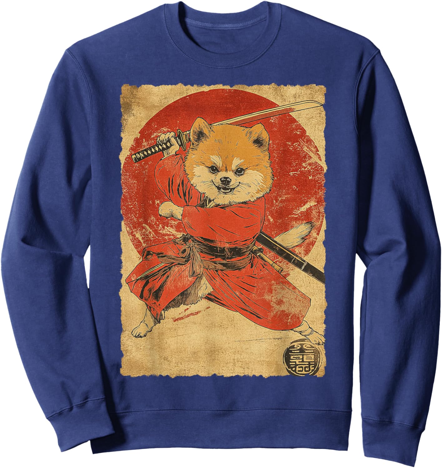 Funny Vintage Japanese Art Pomeranian Dog Ninja Samurai Women Girls Kids Sweatshirt - Sweatshirt | Navy