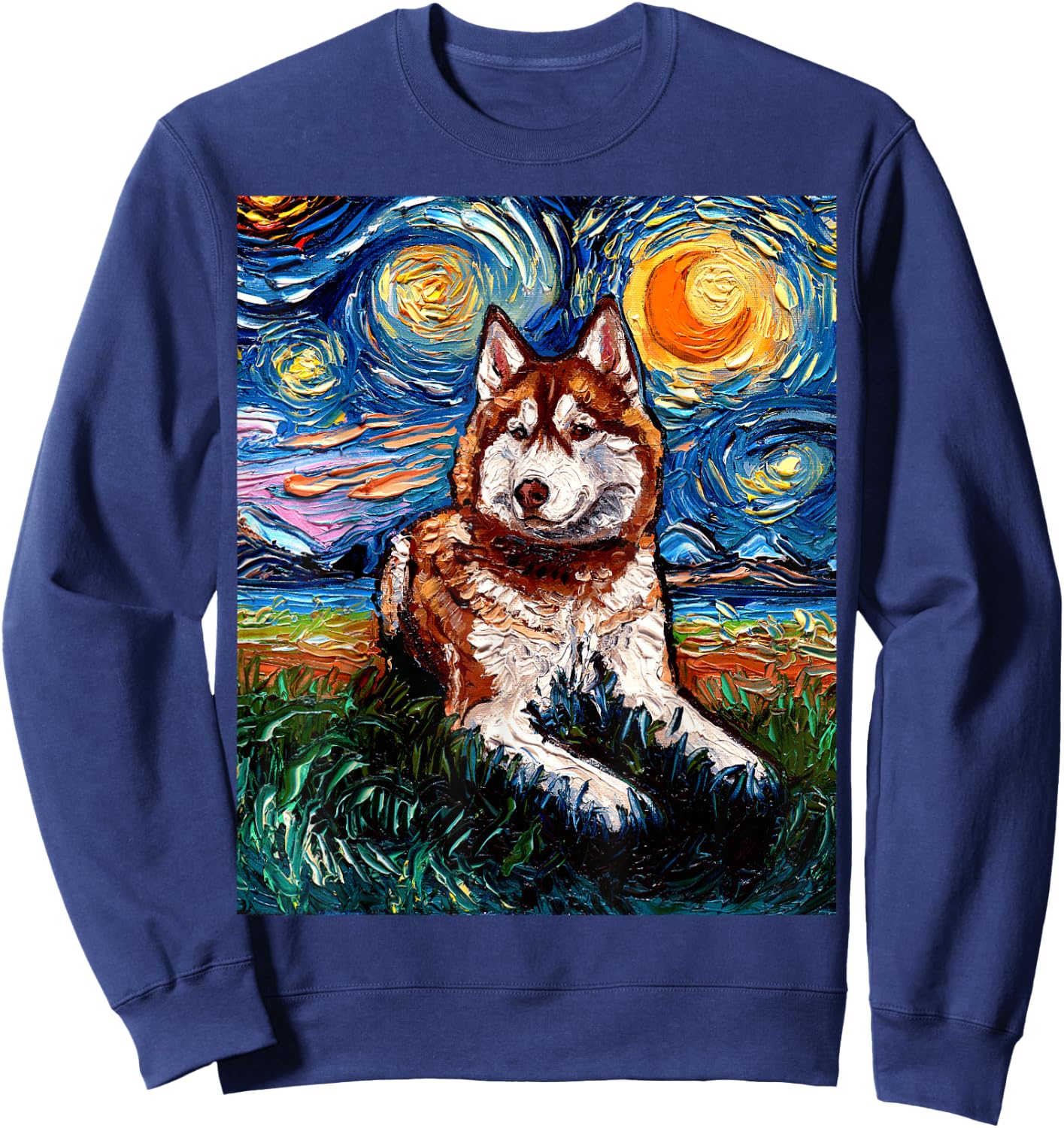 Red Siberian Husky Starry Night Alaskan Malamute Dog Artwork Sweatshirt - Sweatshirt | Navy